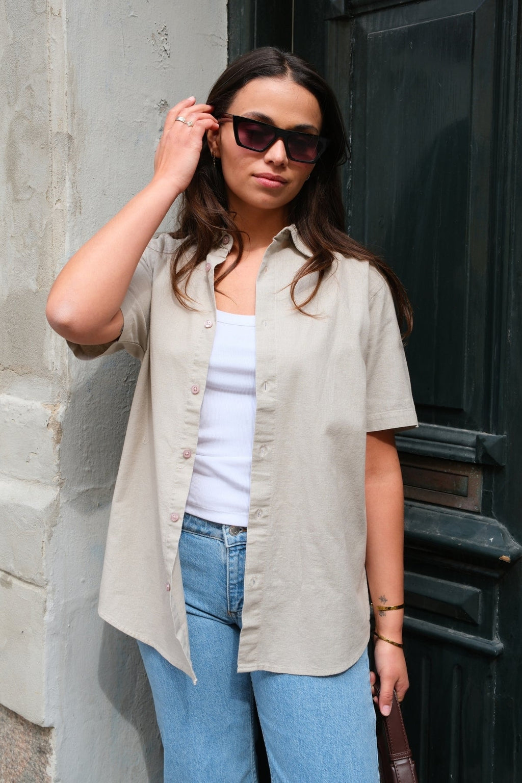 Camicia di lino manica corta - sabbia