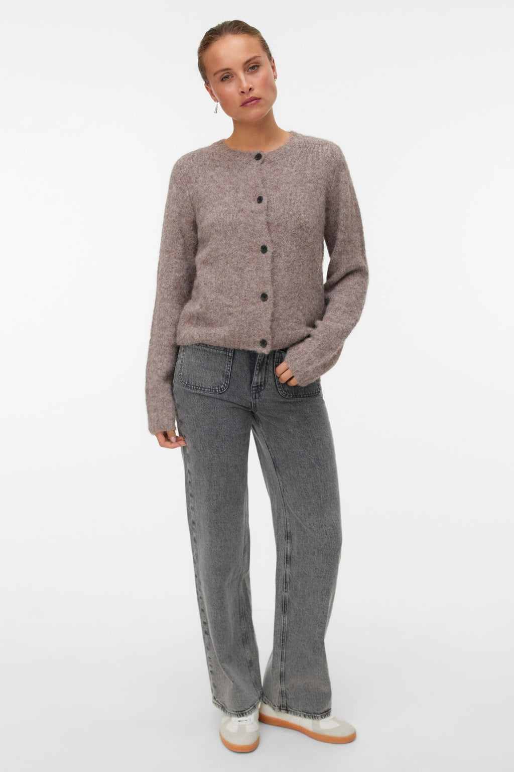 Novah O-Neck Button Cardi - Brown Lentil Melange