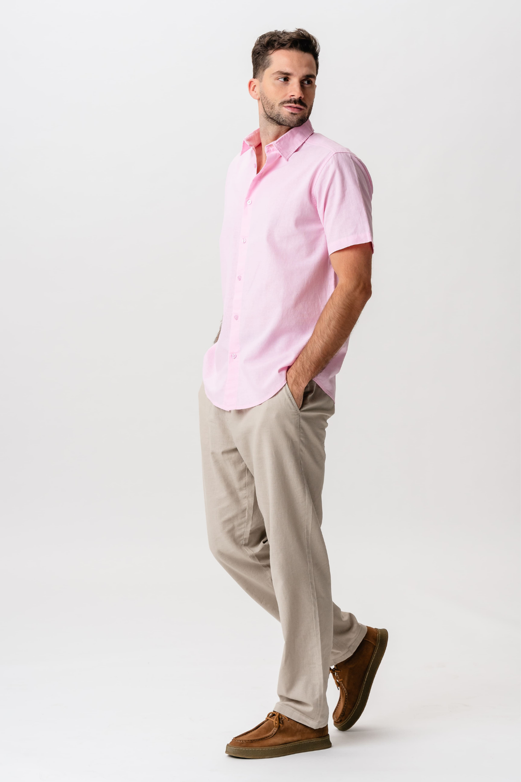 Camicia in lino a maniche corte - Rosso chiaro