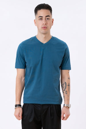Basic T-shirt scollo a V - Blu Petrolio