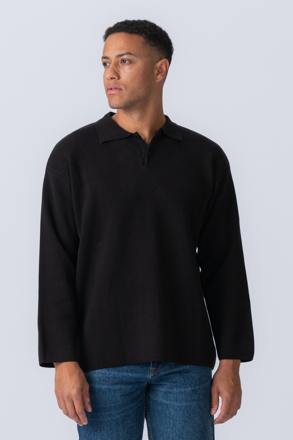 Polo a maniche lunghe a maglia - Nero