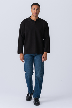Polo a maniche lunghe a maglia - Nero