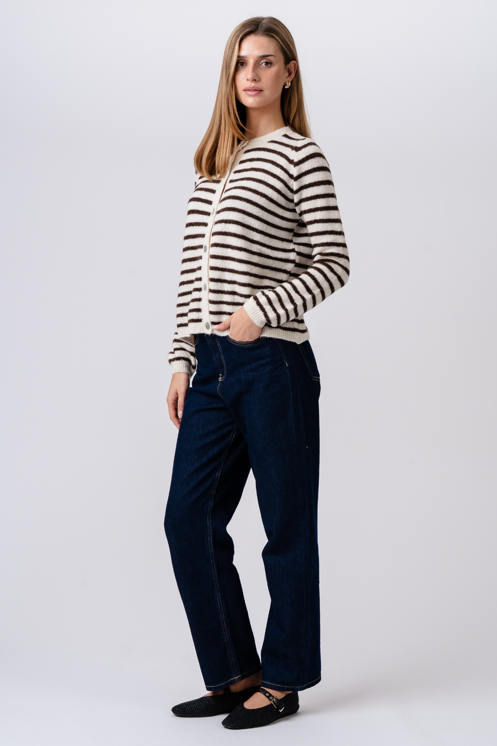 Cardigan lavorato a maglia a righe Crizette - bianco sporco/marrone