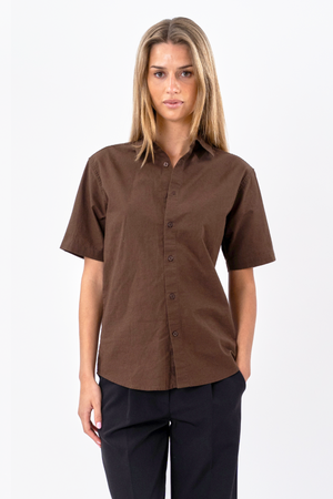 Camicia in lino a maniche corte - Marrone