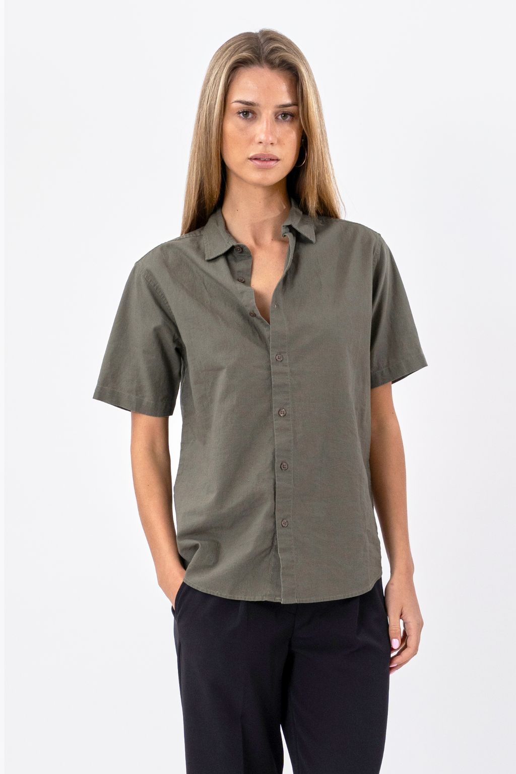 Camicia di lino manica corta - esercito