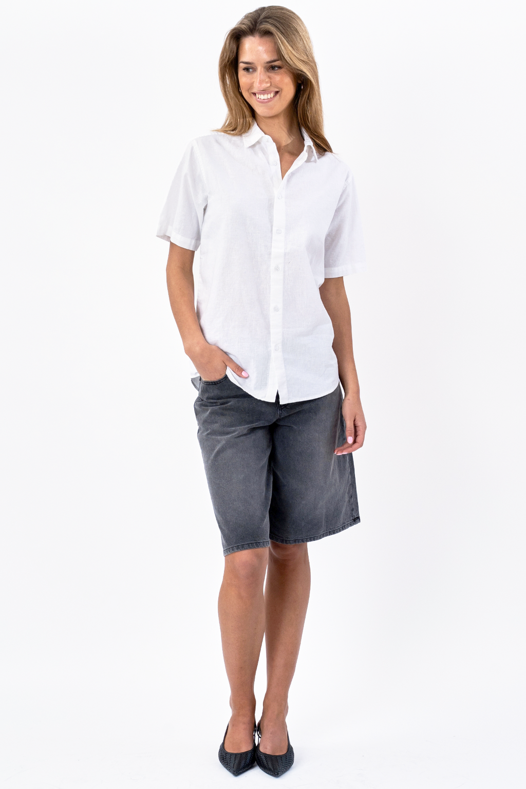 Camicia di lino manica corta - bianco