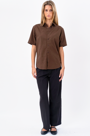 Camicia in lino a maniche corte - Marrone