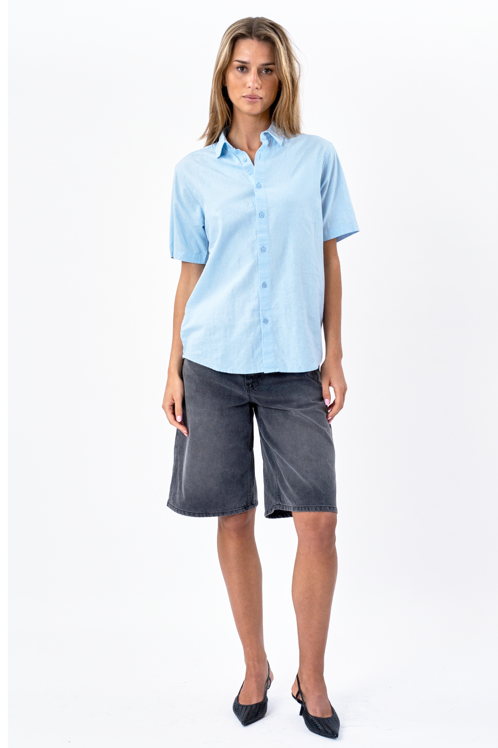 Camicia di lino manica corta - azzurro
