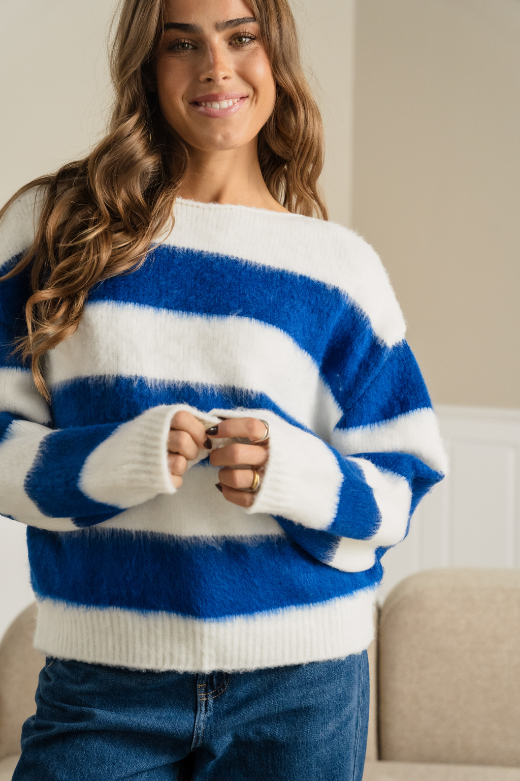 Celina Striped Knitted Sweater - White/Navy