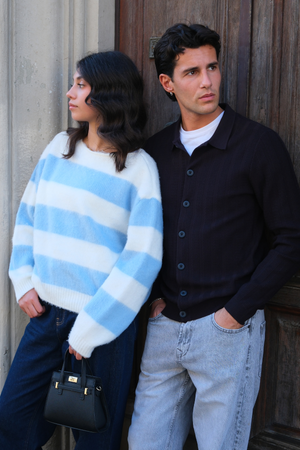 Celina Striped Knitted Sweater - White/Sky Blue