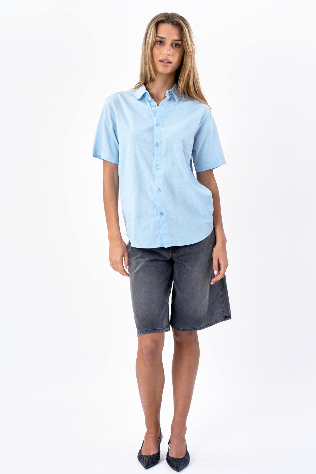 Camicia di lino manica corta - azzurro