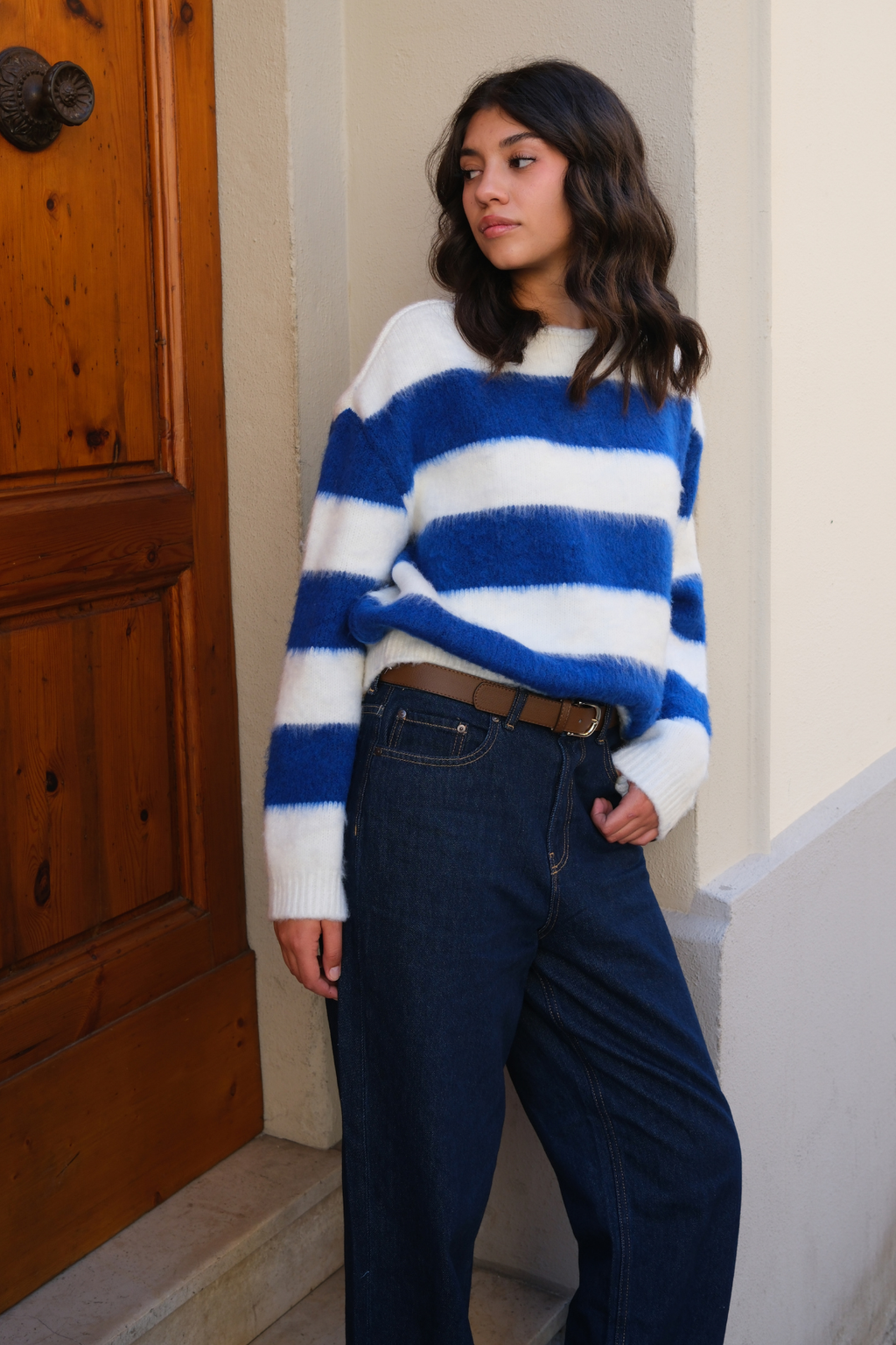 Celina Striped Knitted Sweater - White/Navy