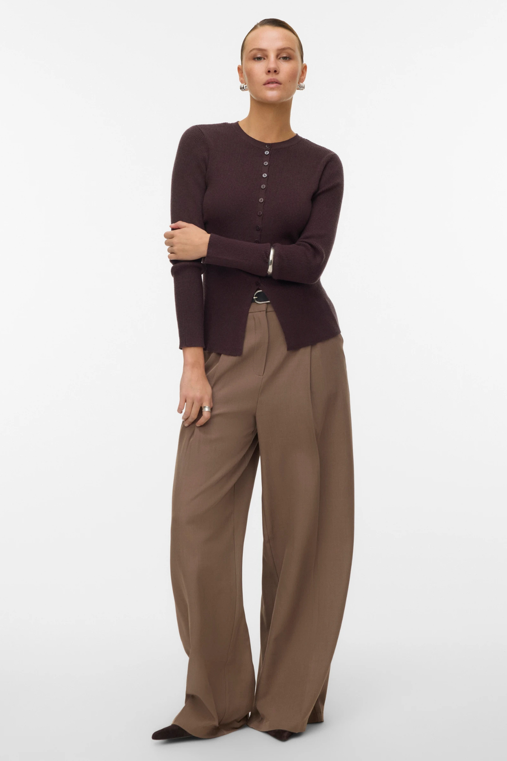 Ukino O-Neck Knit Cardigan - Chocolate Plum