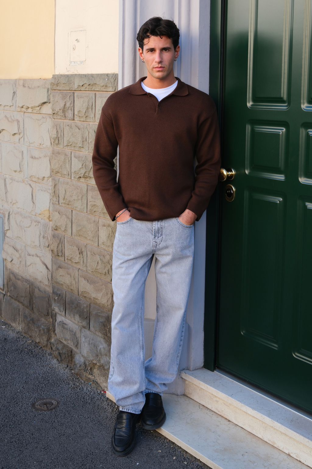 Knitted Long Sleeve Polo - Light Brown