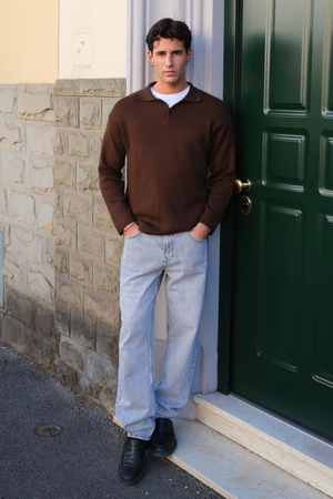 Knitted Long Sleeve Polo - Light Brown