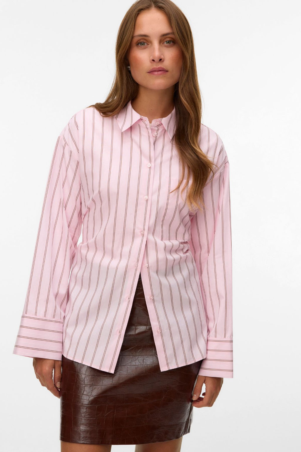 Gina Belt Shirt - Pink-A-Boo Stripes:Cocoa Brown/Snow White