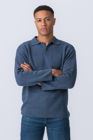 Knitted Long Sleeve Polo - Ocean Blue