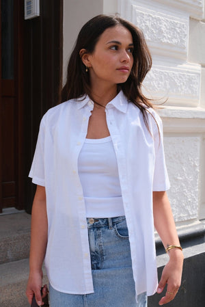 Camicia di lino manica corta - bianco