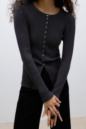 Ukino O -Neck Knit Cardigan - Melange grigio scuro