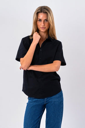 Camicia in lino a maniche corte - Nero