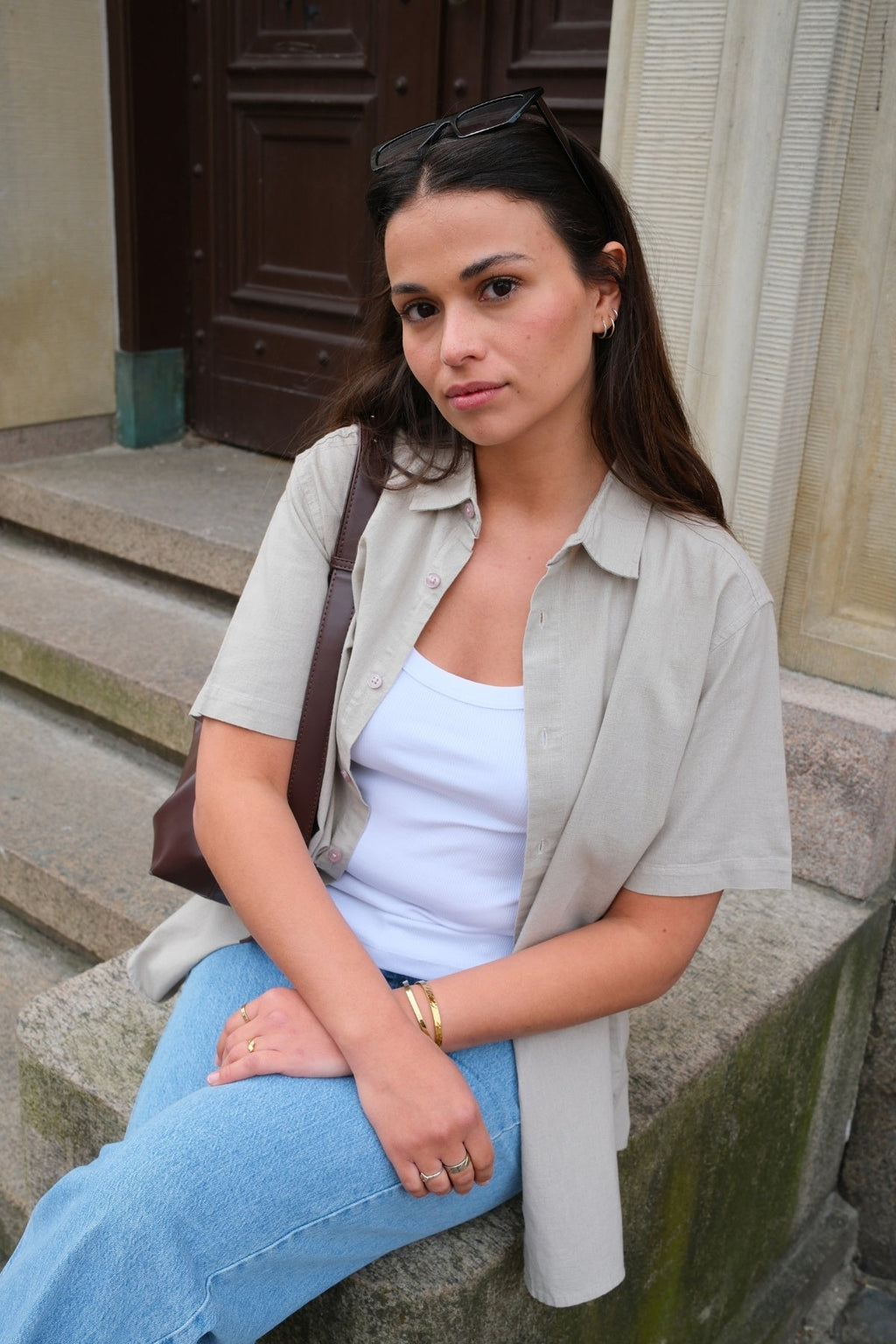 Camicia di lino manica corta - sabbia