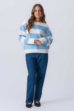 Celina Striped Knitted Sweater - White/Sky Blue