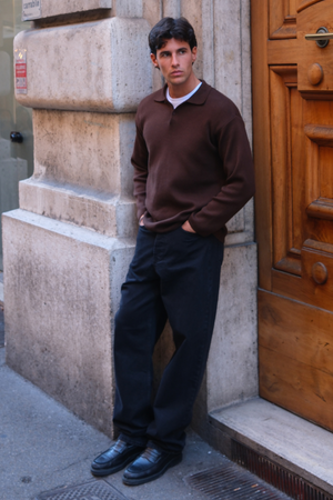 Knitted Long Sleeve Polo - Light Brown