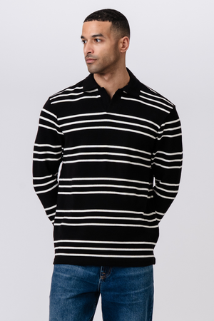 Striped Long-sleeved Polo - Black