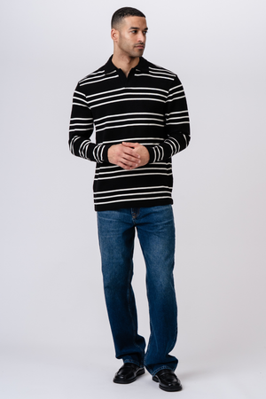 Striped Long-sleeved Polo - Black
