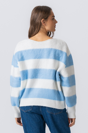 Celina Striped Knitted Sweater - White/Sky Blue