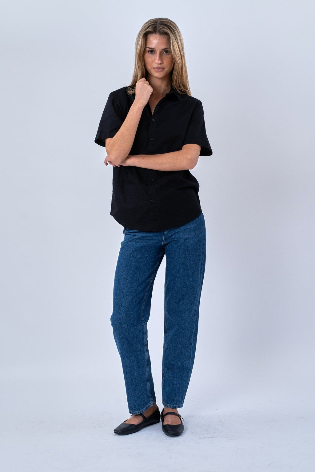 Camicia in lino a maniche corte - Nero