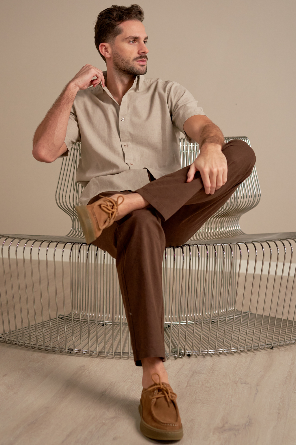 Camicia di lino manica corta - sabbia