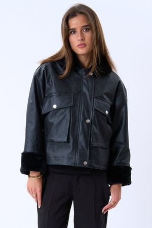 Faux Leather Shearling Jacket - Black