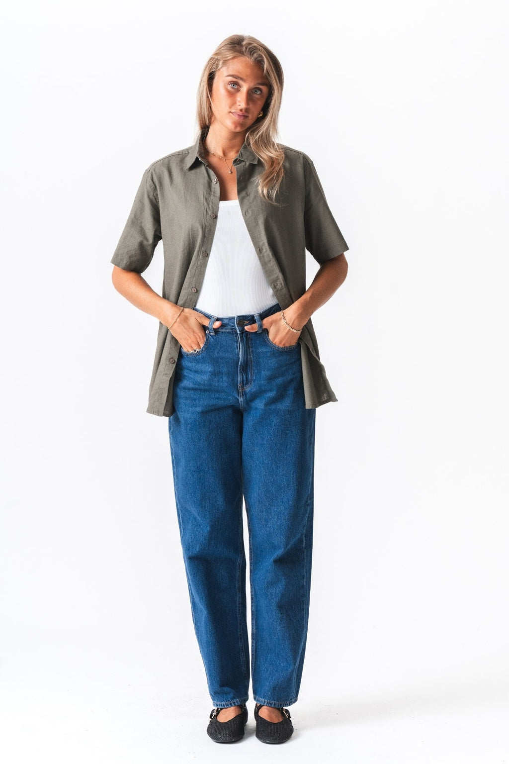 Camicia di lino manica corta - esercito