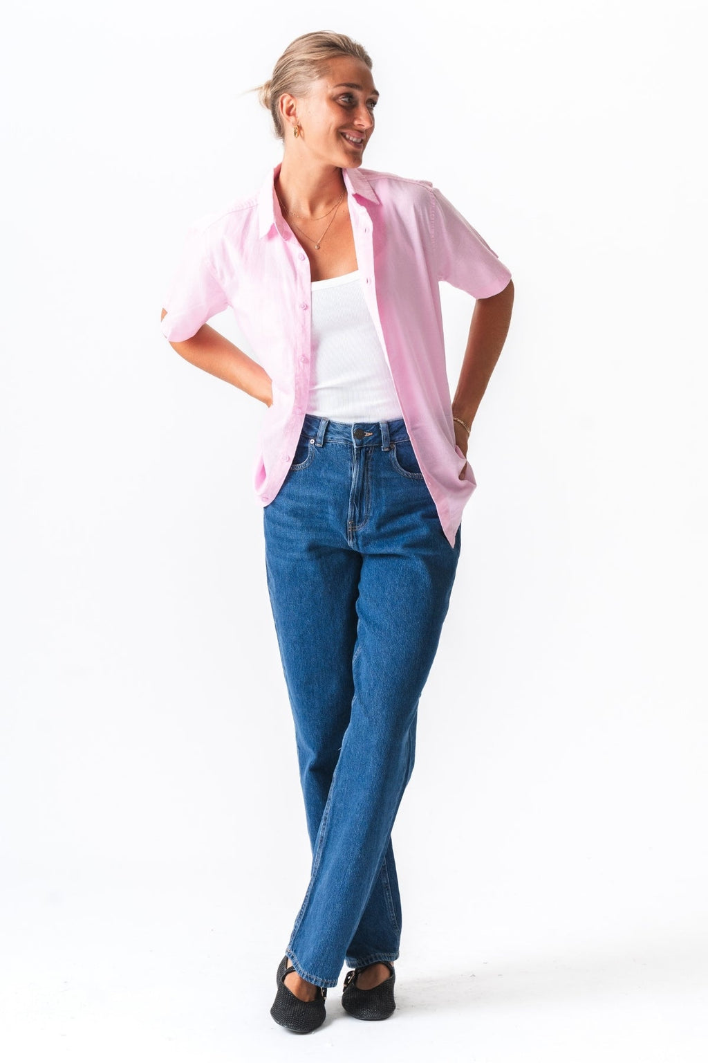 Short Sleeve Linen Shirt - Light Red