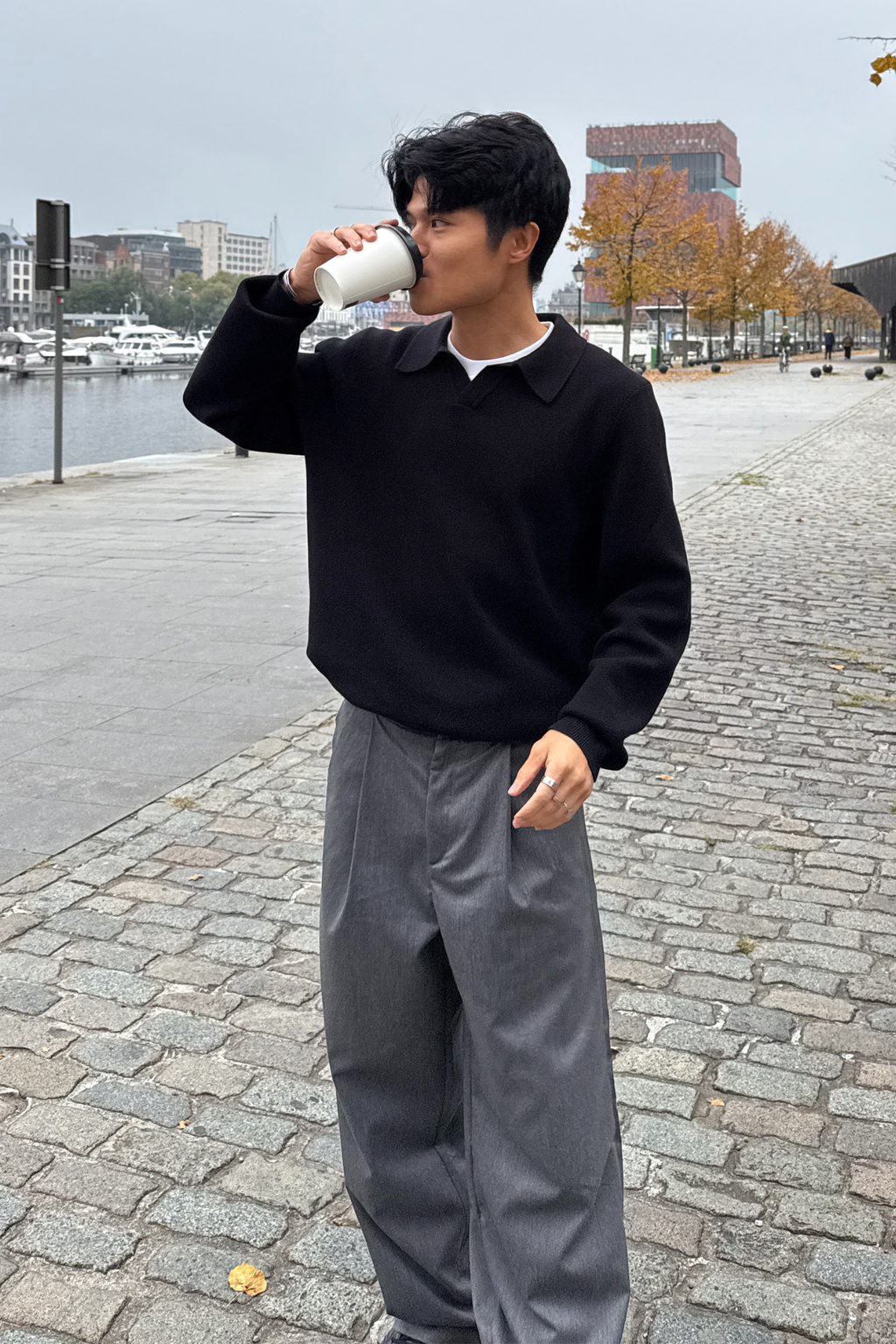 Polo a maniche lunghe a maglia - Nero