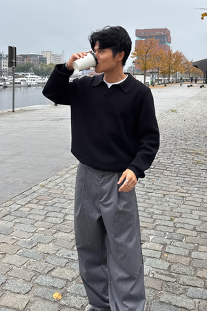 Polo a maniche lunghe a maglia - Nero