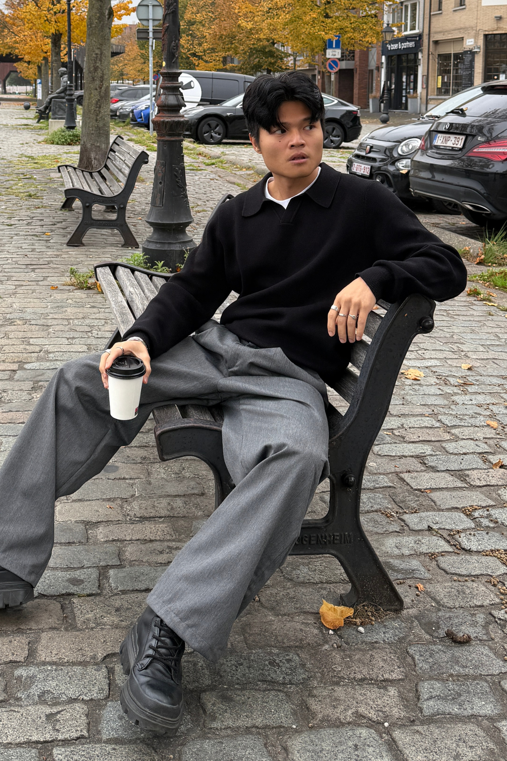 Polo a maniche lunghe a maglia - Nero