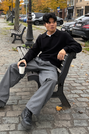 Polo a maniche lunghe a maglia - Nero