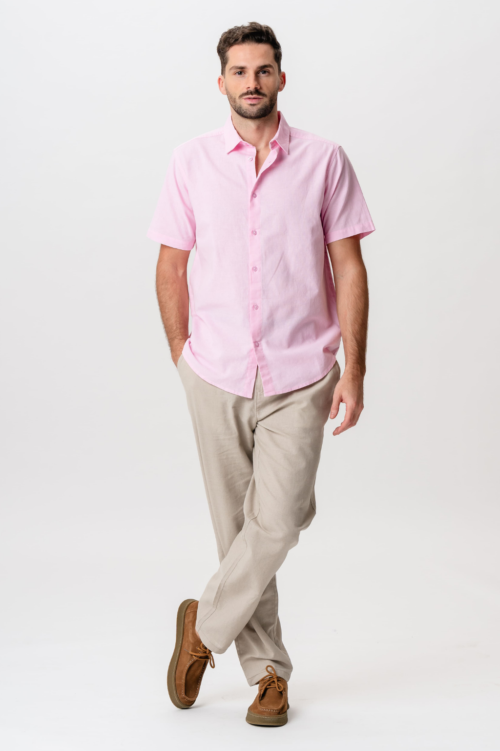 Camicia in lino a maniche corte - Rosso chiaro