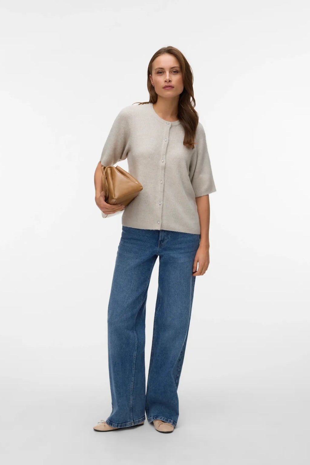 Lefile 2/4 O-Neck Pearl Cardigan - Pumice Stone Melange
