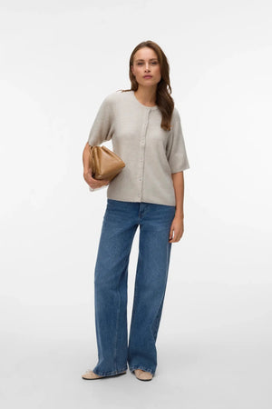 Lefile 2/4 O-Neck Pearl Cardigan - Pumice Stone Melange