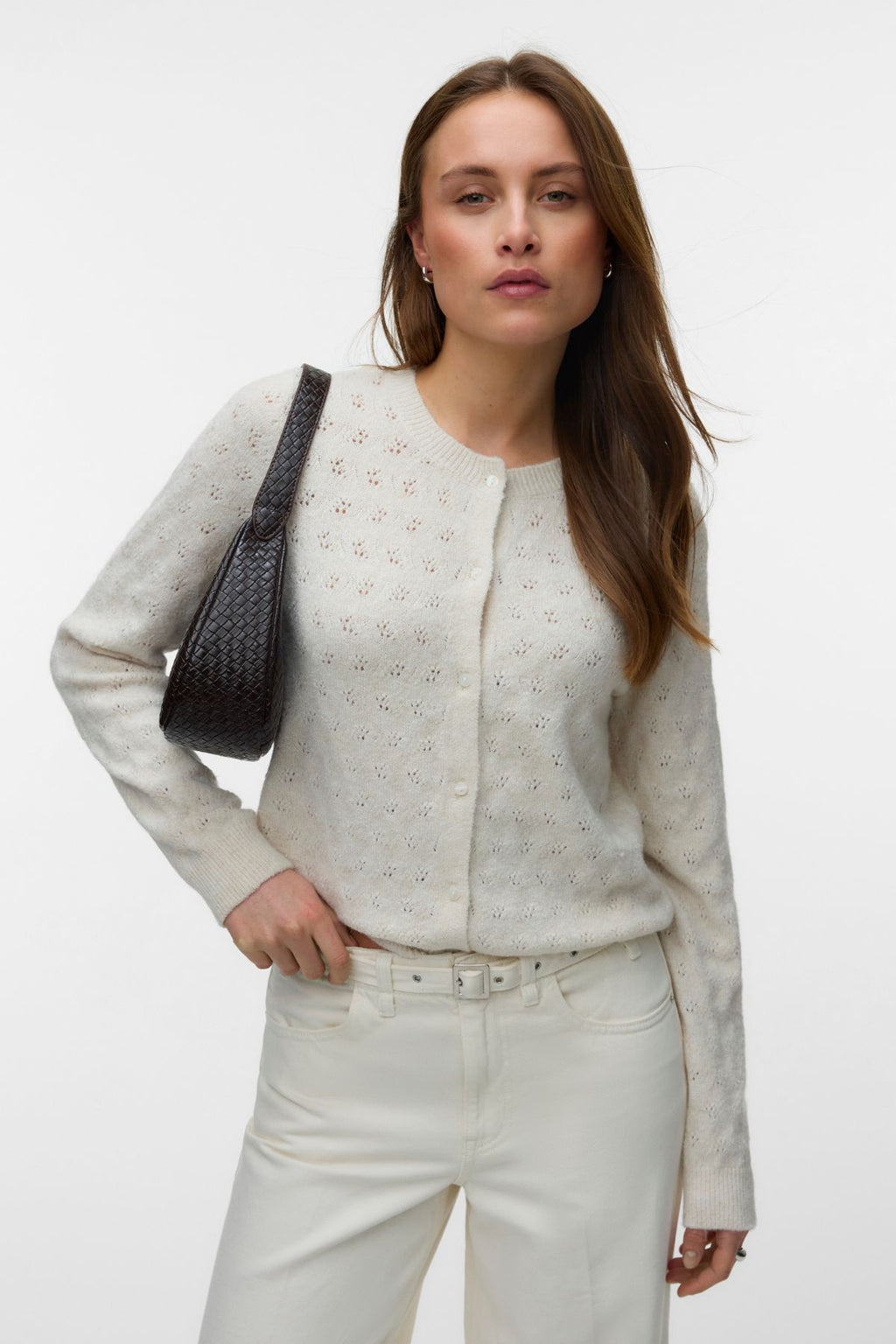 Doffy Stitch Cardigan Manica Lunga O-Collo - Birch Melange