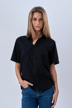 Camicia in lino a maniche corte - Nero