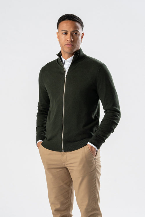 Pullover Zip Cardigan - Army - TeeShoppen Group™ - Knitwear - TeeShoppen
