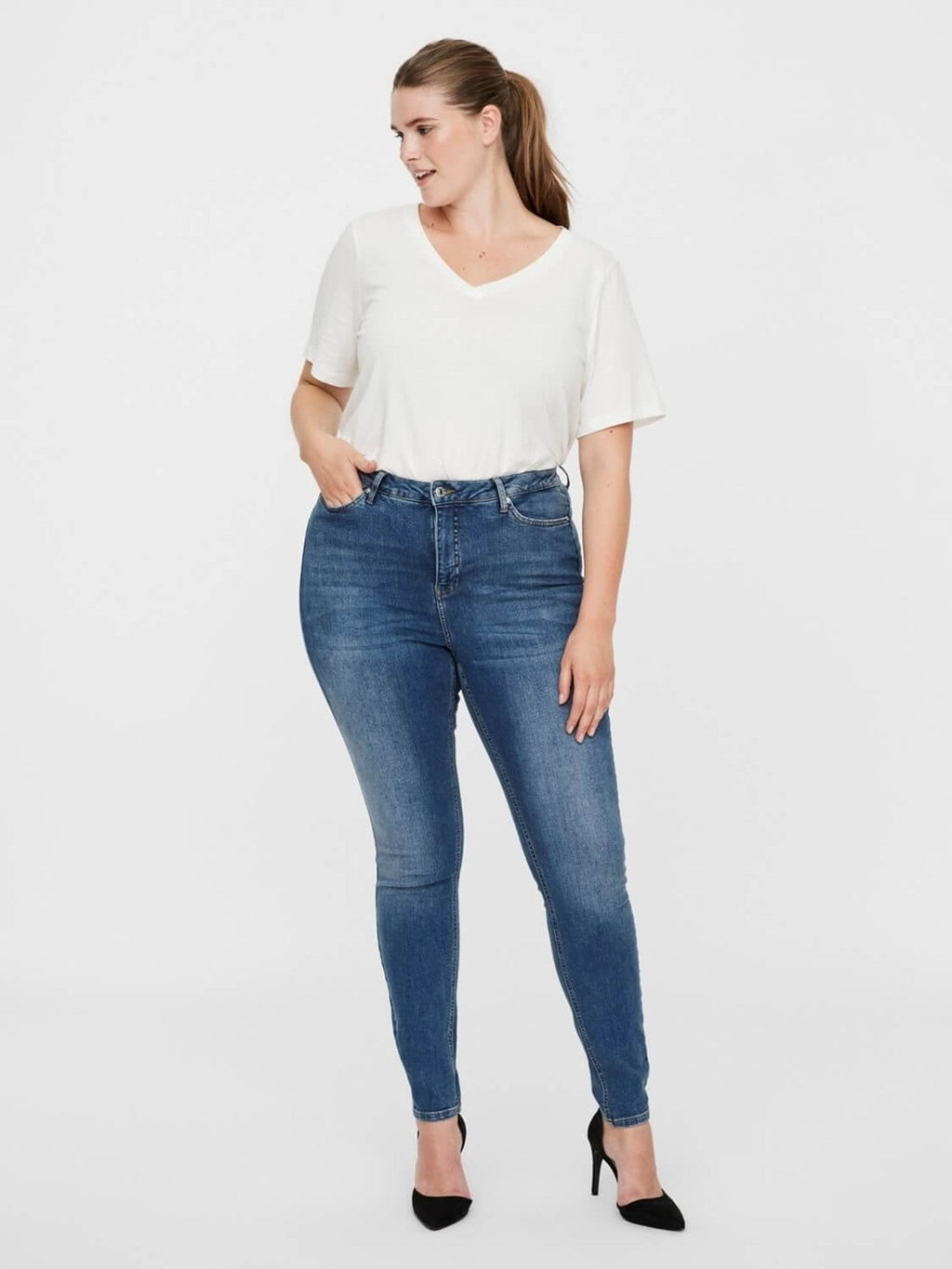 Lora jeans a vita alta (curva) - denim blu medio